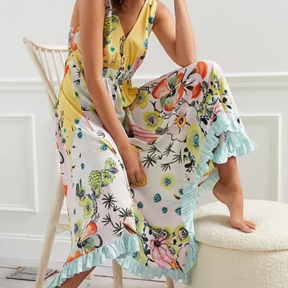 Anthropologie Magnolia Fringe-Trimmed Midi Dress "Novelty" Size Small